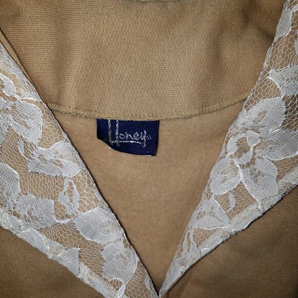 Honey Cropped Tan Cardigan M/L Sailor Collar Lace Cream Buttons Dolman Sleeve - Picture 2 of 9